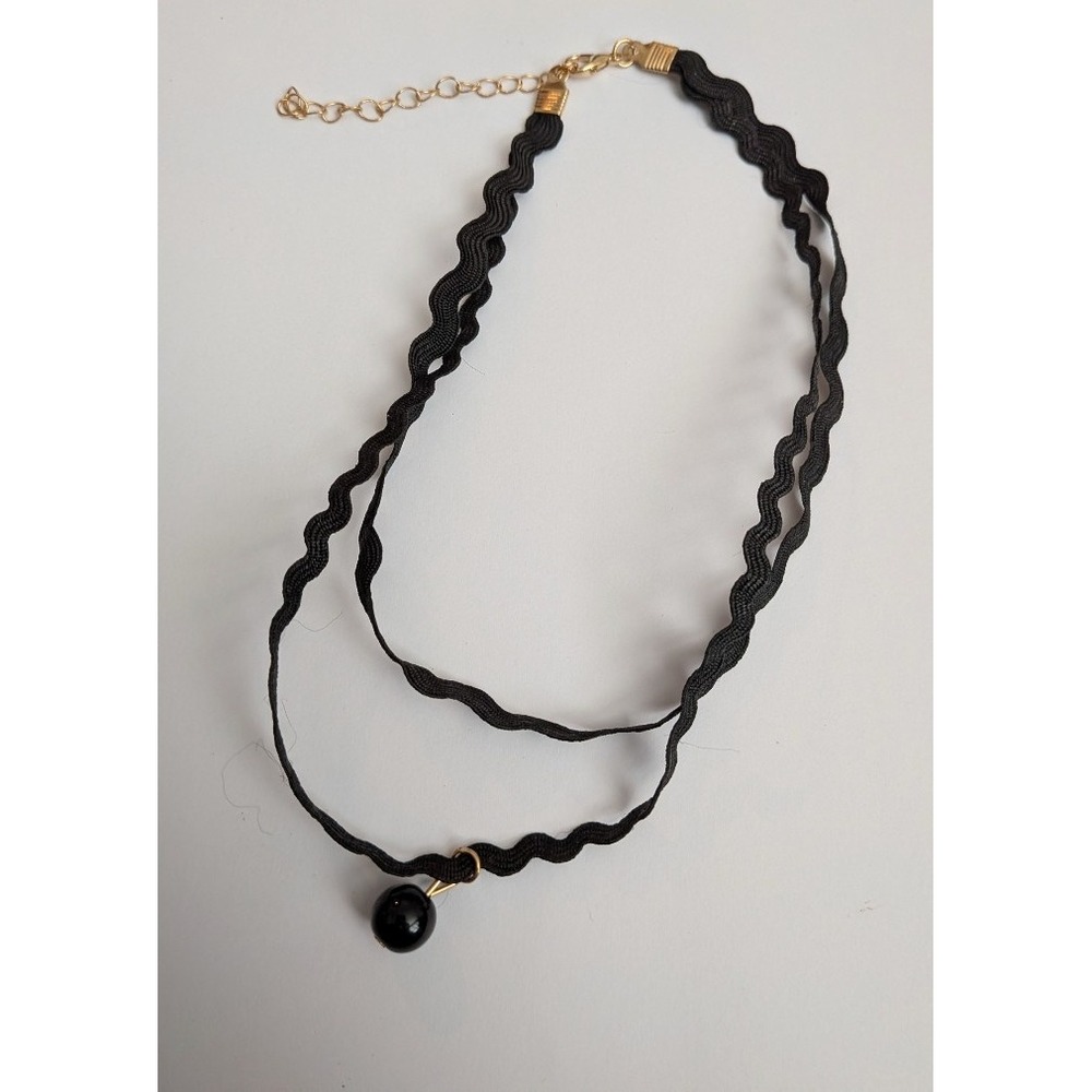 Black Double Layer Wavy Ribbon Choker Necklace with Black Bead Charm Gold Tone